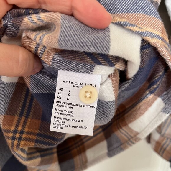 American Eagle Men’s Flannel Shirt – Plaid Button Down, Brown Blue White, Size L - Picture 7 of 7